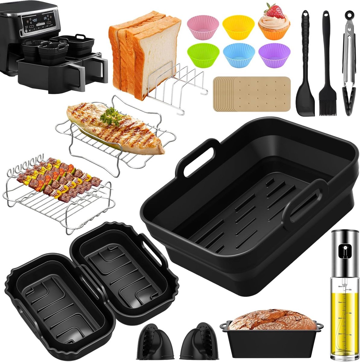 SnelShoppen Heteluchtfriteuse Accessoires Set 24 Stuks Siliconen Bakvorm Muffinvormpjes Grillrooster Bakpapier Handschoenen Voor Ninja Foodi