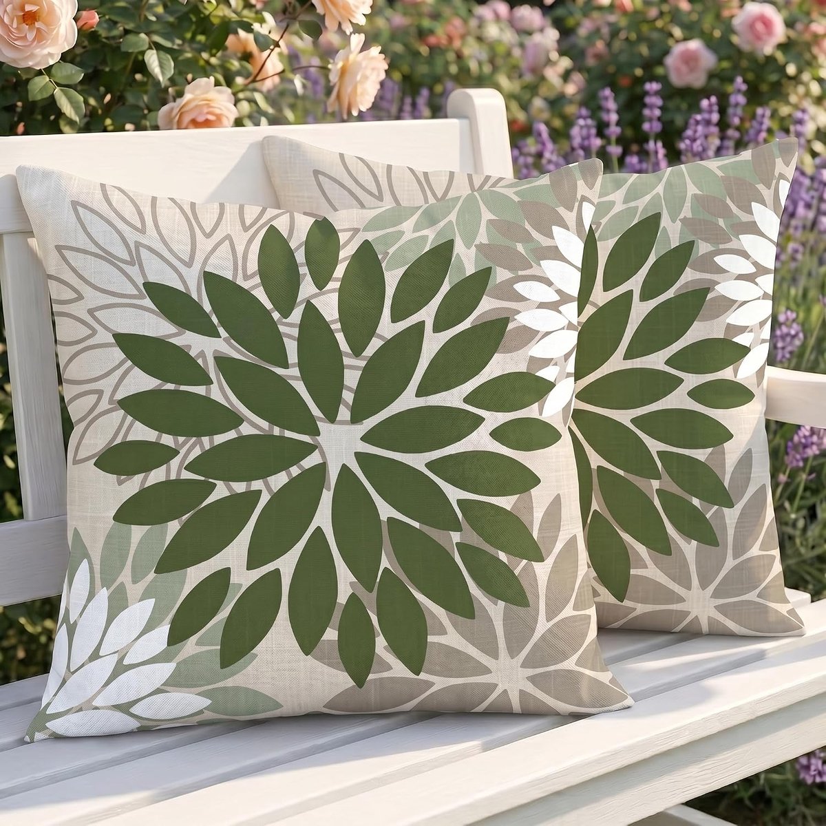 SnelShoppen - Set van 2 Weerbestendige Outdoor Kussenslopen 50x50 cm met Dahlia Patroon - Dubbelzijdig Modern Groen Bloem Design voor Tuinbank en Balk