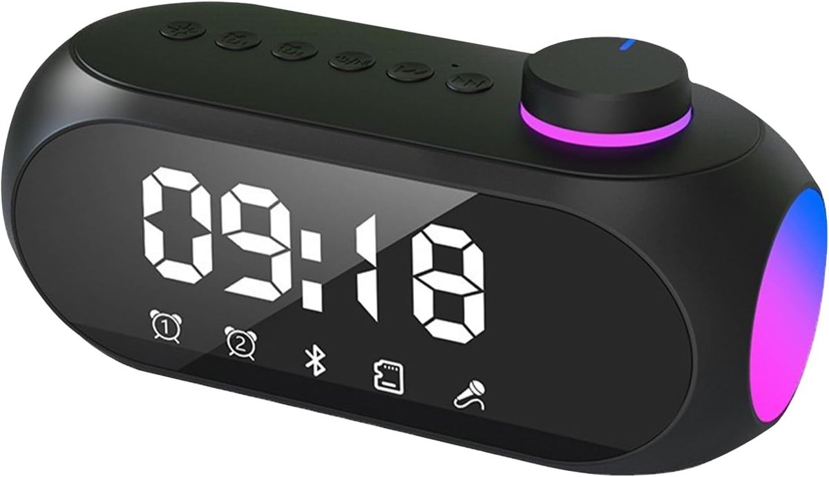 SnelShoppen - Draagbare Bluetooth-luidspreker met RGB-licht, dubbele wekker, FM-radio, 360° stereogeluid, dubbele basdrivers voor feest, camping, thui
