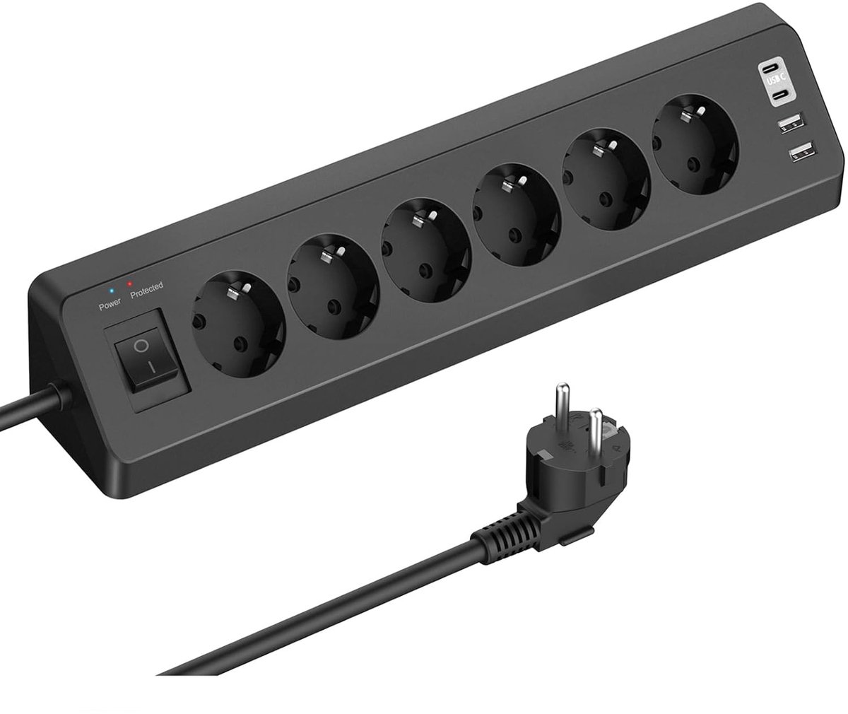 Hoekstopcontact - Stekkerdoos met USB - Apparaten Opladen - 6 Stopcontacten 4 USB - 2 Meter Kabel - Zwart
