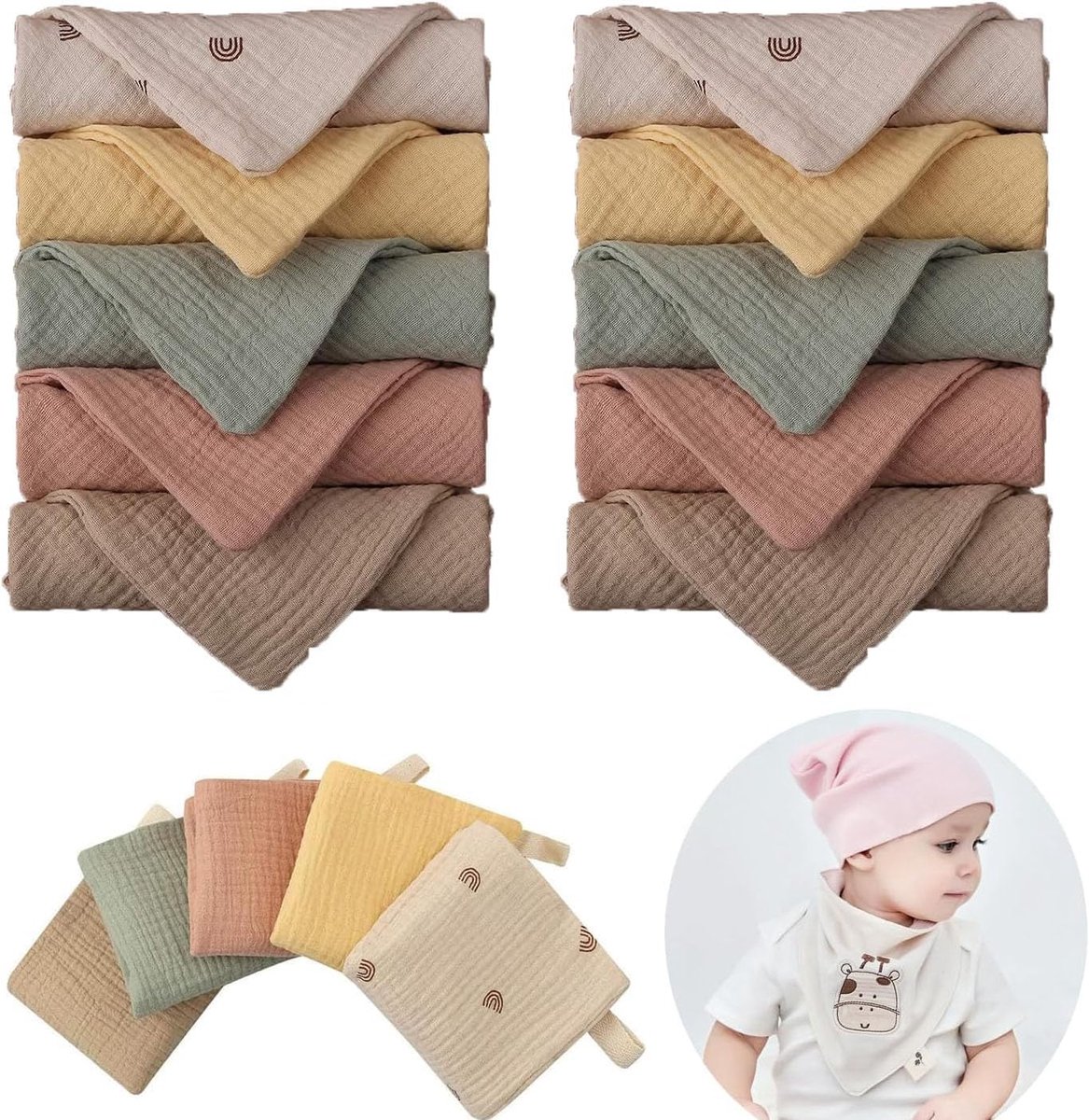 SnelShoppen - 10 stuks mousseline handdoeken voor baby's en kinderen, 23 x 23 cm, herbruikbaar, 100% katoen, willekeurige kleuren voor thuis en onderw