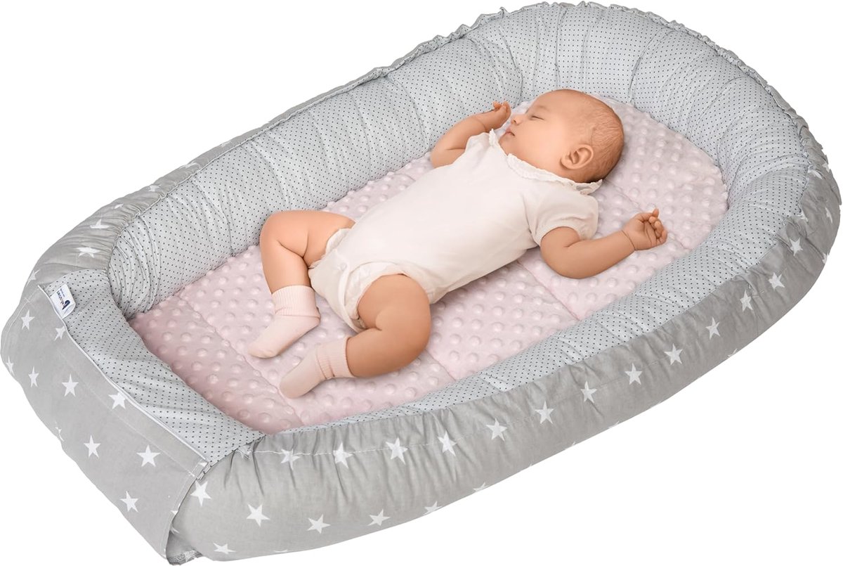 SnelShoppen - Babynest Knuffelnest 100% Katoen Reisbed voor Baby's 100x60x15cm Uitneembaar Inzetstuk Sterren Minky Roze Veilig en Comfortabel
