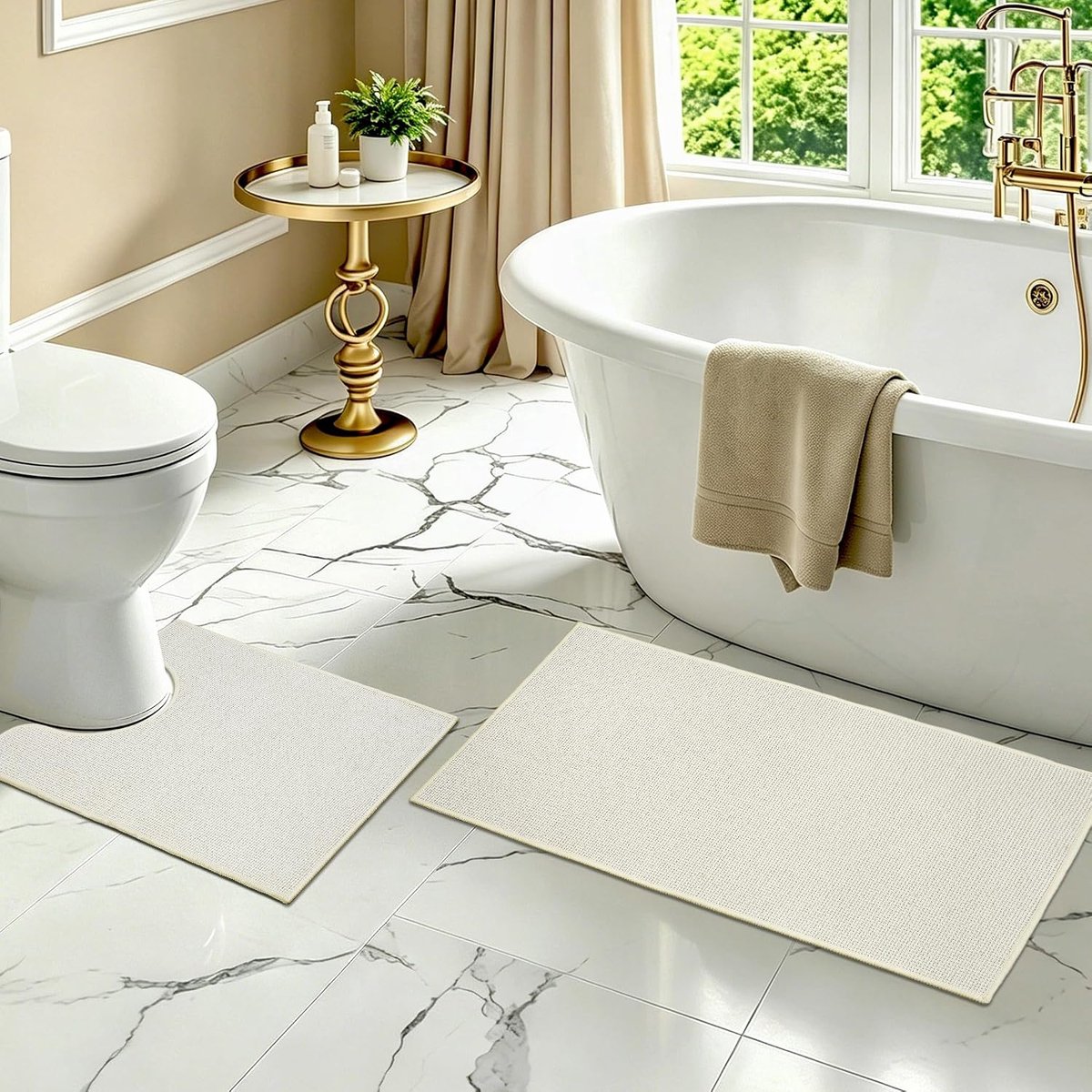 SnelShoppen - Badmatset 2 stuks ultradunne absorberende sneldrogende badmatten voor badkamer en toilet, wasbare antislip rubberen bad- en douchematten