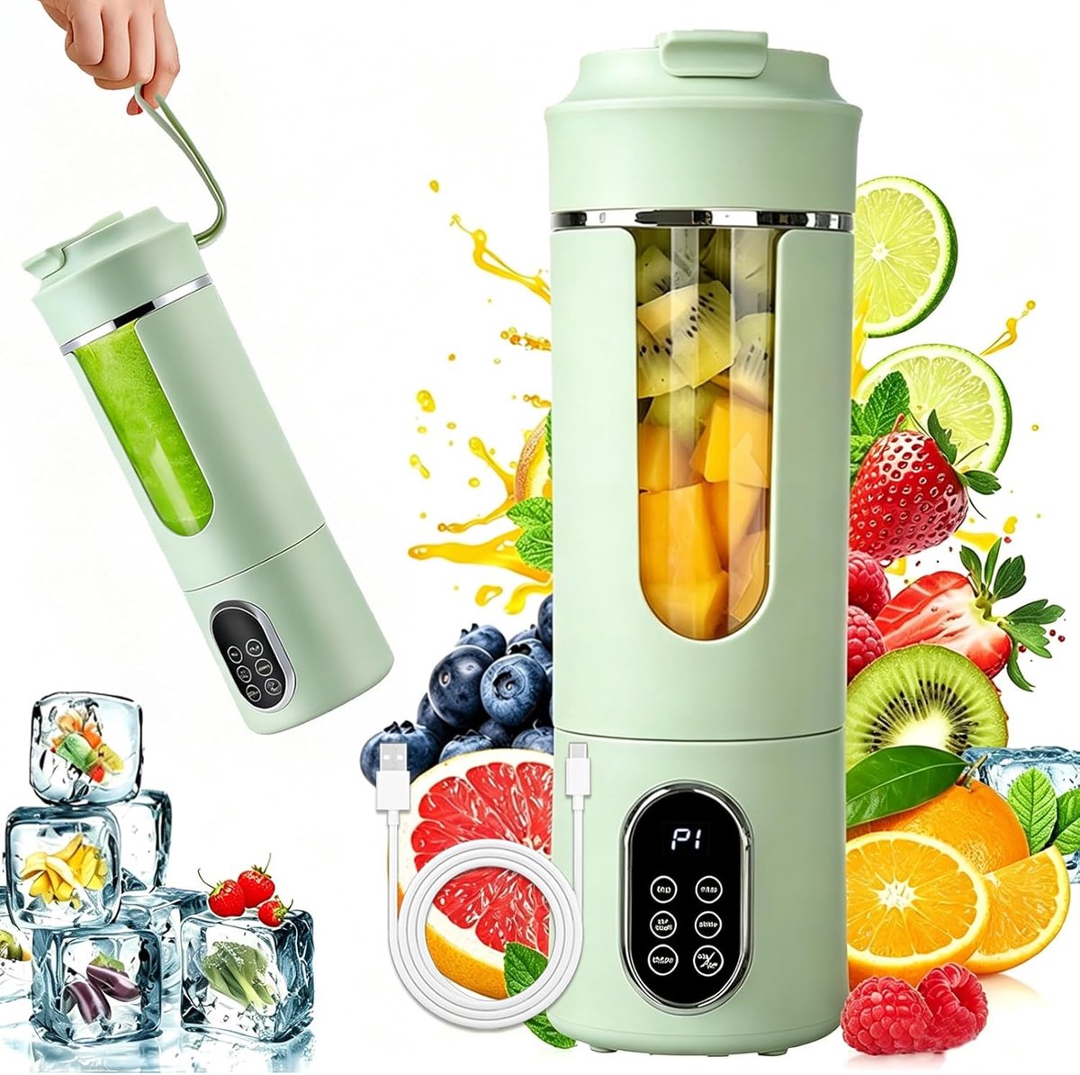 KZQ Draagbare Blender - Oplaadbare blender met digitaal display en grote capaciteit - USB-C-interface, automatische reiniging - Geschikt voor thuis, op reis en tijdens het sporten - 530 ml - Groen