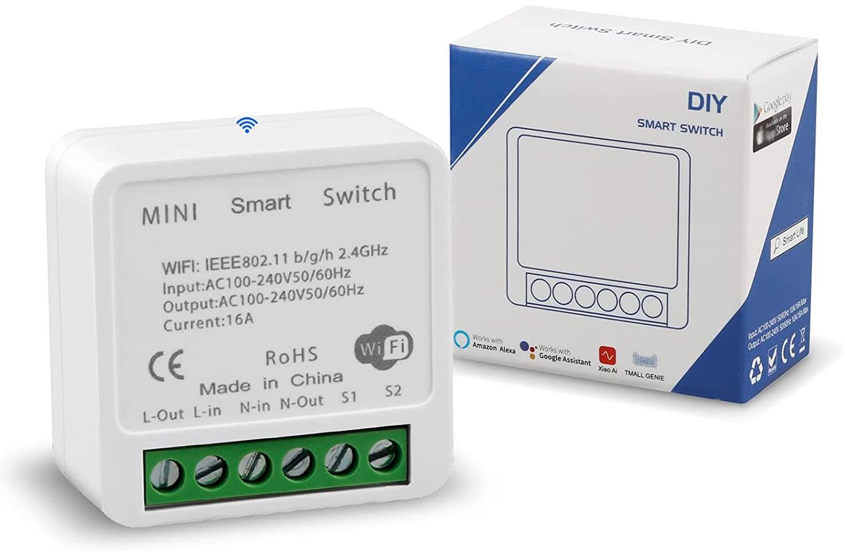SnelShoppen - Mini WiFi Smart Switch, Licht Timer Schakelaar, DIY Breaker Module, Compatibel met Alexa en Google Home, 16A, Slimme Leven App, Draadloz