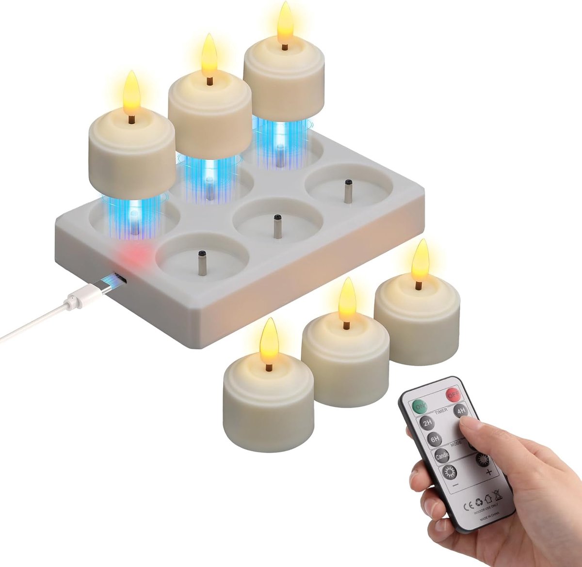 SnelShoppen - 6x Oplaadbare Theelichten met Timer & Oplaadstation, Flicker-LED, Realistisch & Veilig voor Woonkamer, Slaapkamer, Feest, Kerst, Hallowe
