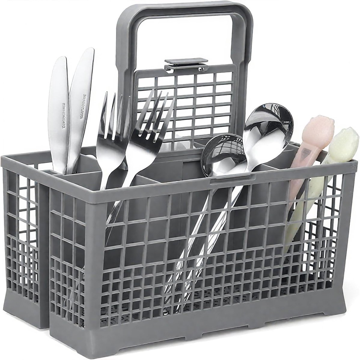 SnelShoppen - Vaatwasser Bestekmand met Verwijderbare Handgreep en Vouwbare Deksel, Ideaal voor Standaard Vaatwassers, 24x13.5x24 cm, Grijs, Perfect v