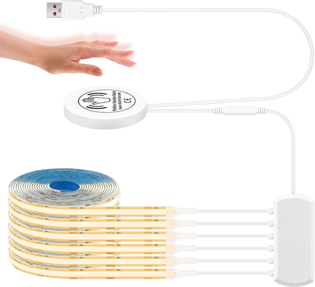 SnelShoppen - COB LED Strip 6pcs Warm White 5V USB, Dimmer, Cuttable, Ideaal voor TV Achtergrond, Keuken, Kasten en DIY Projecten