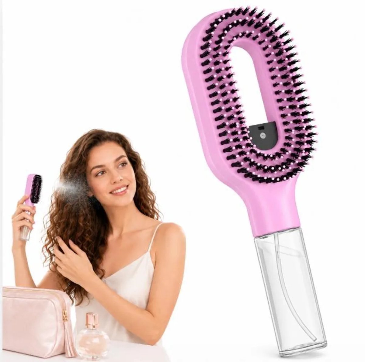 LISM-Krulborstel met sprayfunctie en 50 ml waterreservoir, Geschikt voor droog en nat haar, Geschikt voor het kammen van krullend, golvend en steil haar. Compact en praktisch roze design.