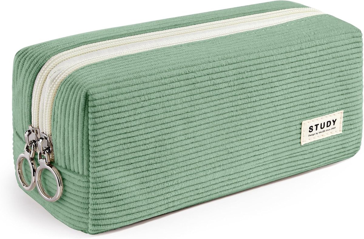 SnelShoppen - Kalidi Pennenbakje Meisjes Tieners Uniseks, Corduroy Groen, Grote Dubbel Rits, Voor 40-60 Pennen, School, Thuis, Creatief