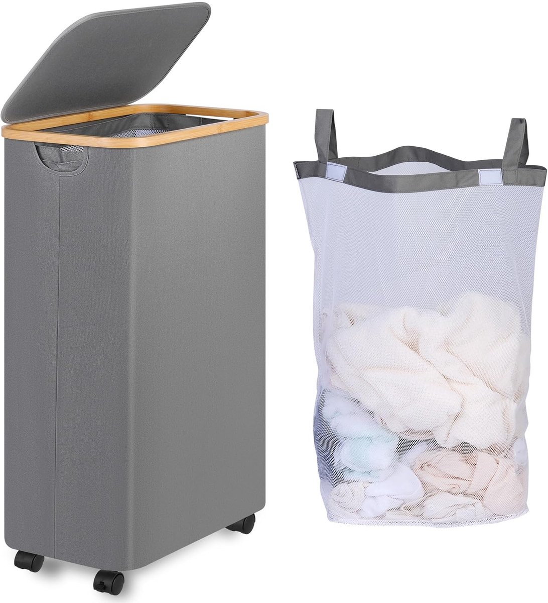 SnelShoppen - Vouwbare Wasmand met Wielen - 75L Ruim - Smalle Wasmand voor Kleding, Speelgoed, Handdoeken - Grijs met Afneembare en Wasbare Binnenzak