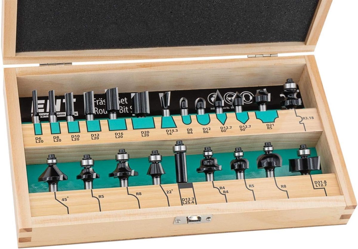 SnelShoppen - 22-Delige Frees Cutter Set - Houten Koffer - 8 mm Schacht - Carbide Snijkanten - Voor Professioneel Houtbewerking en Meubelmaken