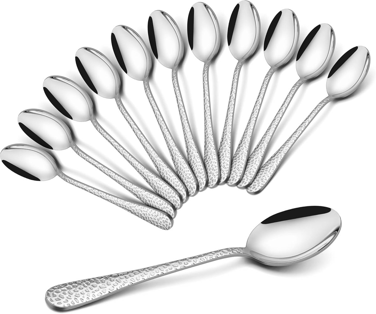 SnelShoppen - 12-delige RVS Theelepels Set, Hoogglans Gepolijst, 15cm Kleine Dessertlepels met Hamerhandgreep, Vaatwasser Bestendig voor Thuis, Restau