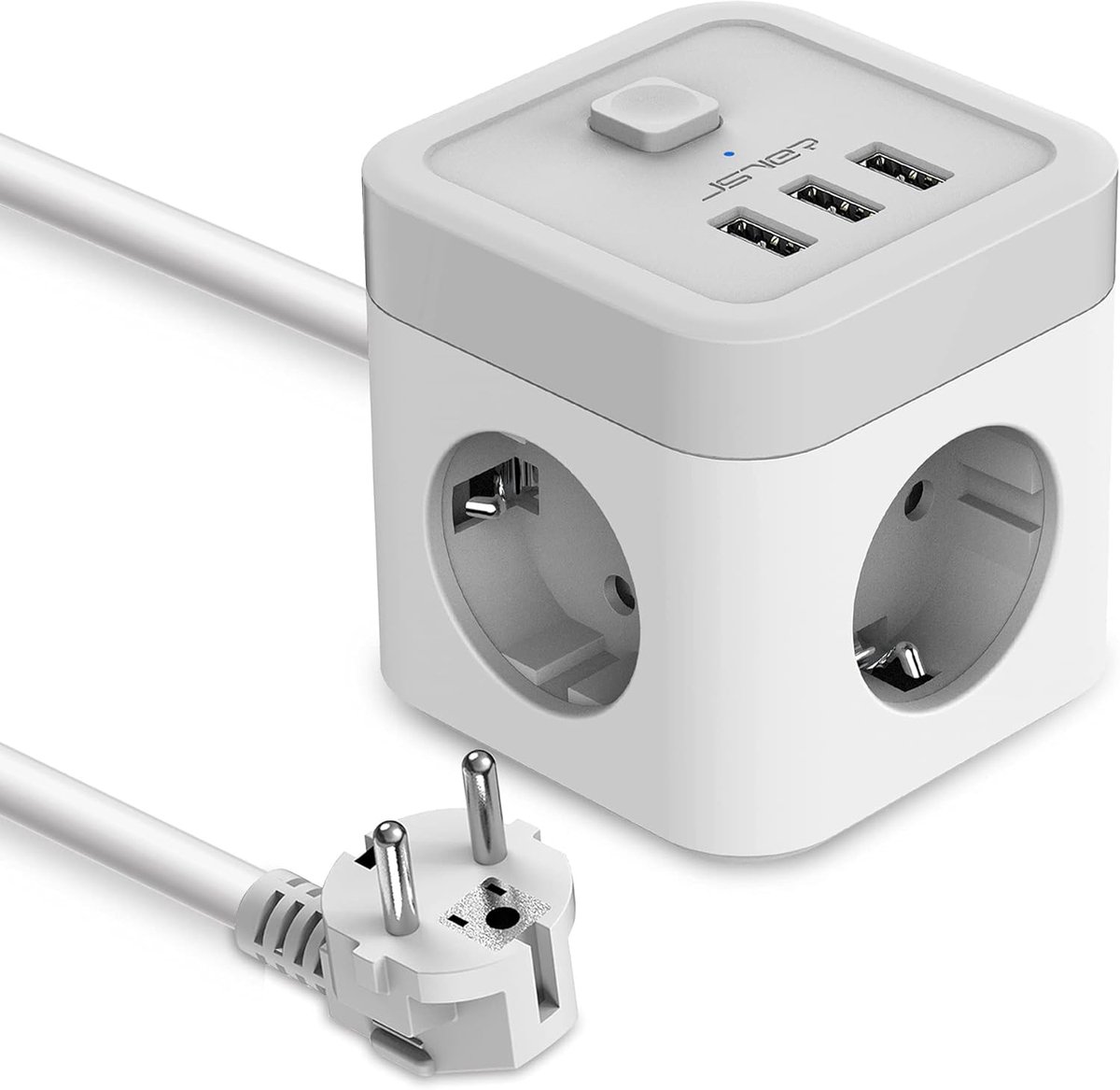 SnelShoppen - Power Strip Cube USB - 3 Stopcontacten en 3 USB Poorten - Compact Reiskubus met 1,5 m Kabel - Zwart/Wit voor Thuis, Kantoor en Vakantie