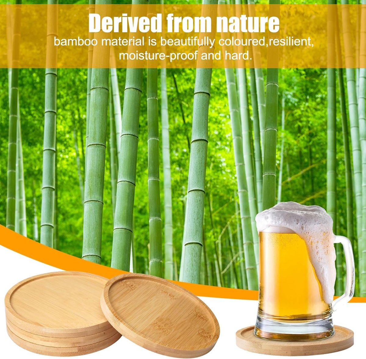 SnelShoppen - 4 Stuks Houten Coasters Rond, 12cm Bamboe Onderzetters, Bruin, Ideaal voor Feest, Tuin, Keuken en Thuisgebruik