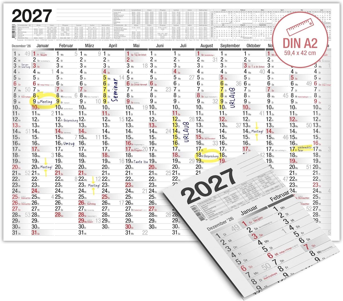 SnelShoppen - TOBJA Wandkalender 2024 A2 - Overzichtelijke Jaarplanner met Feestdagen & Weeknummers - 59x42 cm - Stijlvol voor Thuis of Kantoor