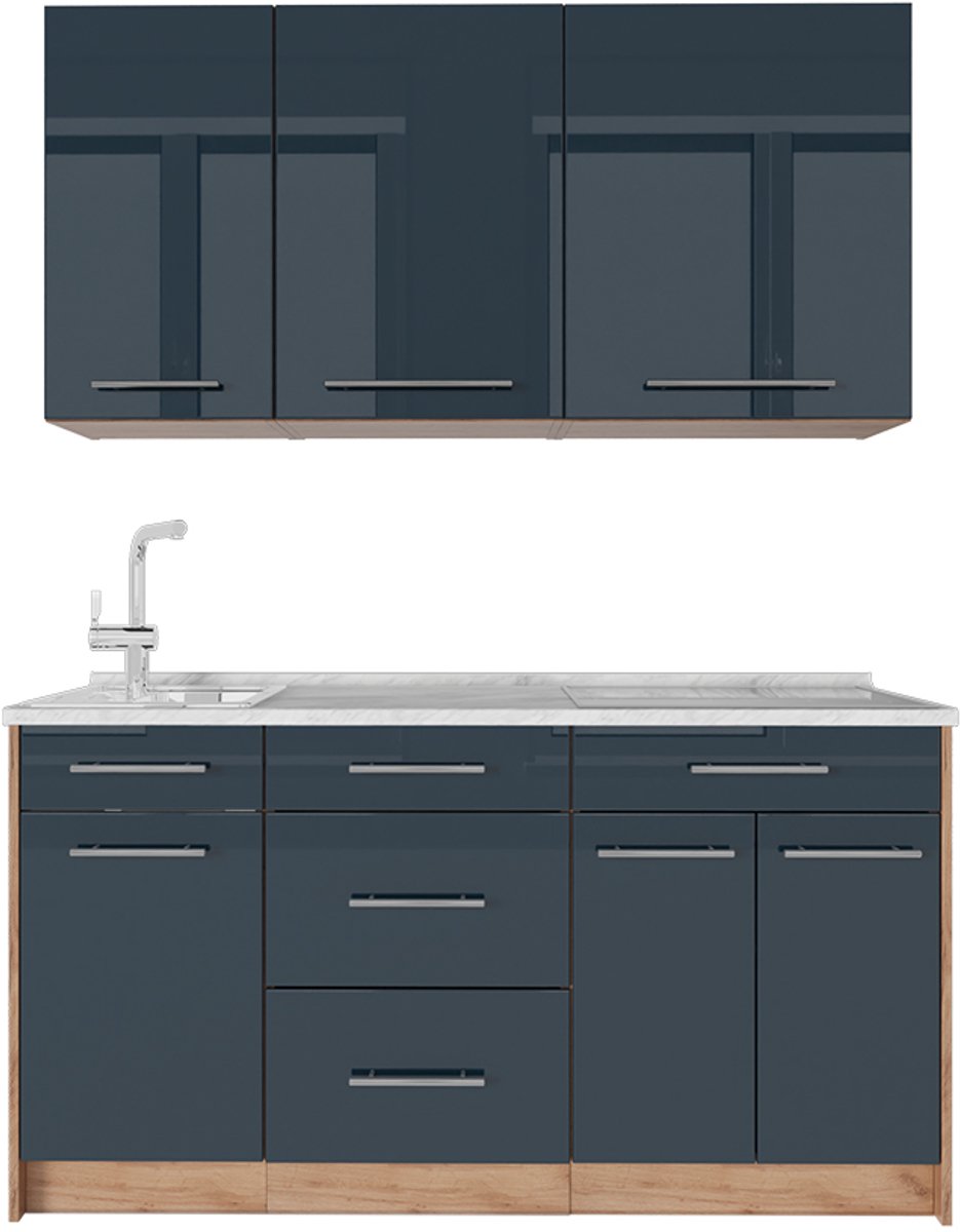 Vicco Eenpersoonskeuken Fame-Line, Donkerblauw hoogglans/Goudkleurig Eiken, 150 cm, WB Marmer