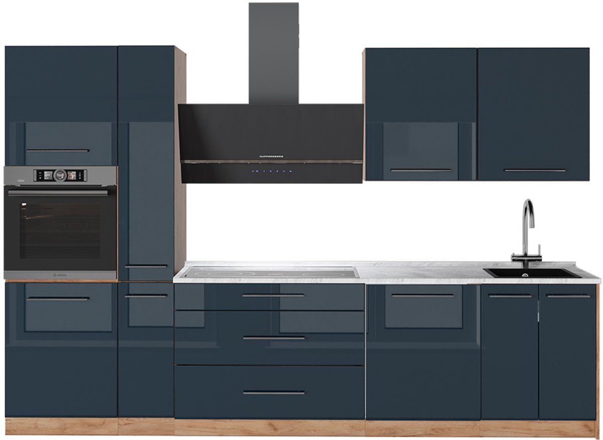 Vicco Complete keukeneenheid Fame-Line, Donkerblauw hoogglans/Goudkleurig Eiken, 310 cm, WB Marmer