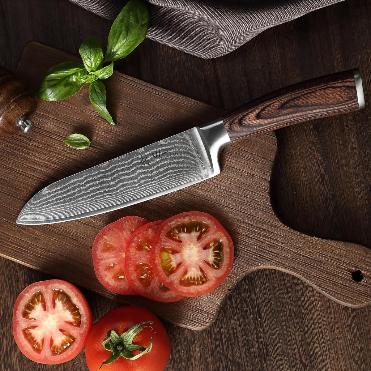 SnelShoppen - Santoku Koksmes 17 cm - Professioneel Damastmes met VG10 Kern - Extreem Scherp Keukenmes met Pakka Houten Handvat - Ideaal voor Snijden