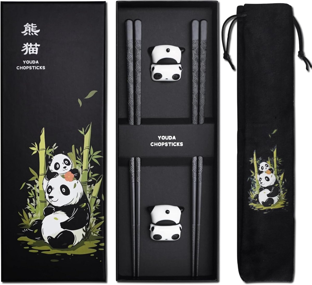 SnelShoppen - Herbruikbare fiberglas eetstokjes set met panda design, 2 paar afwasmachinebestendige stokjes + keramische panda houders, elegant cadeau