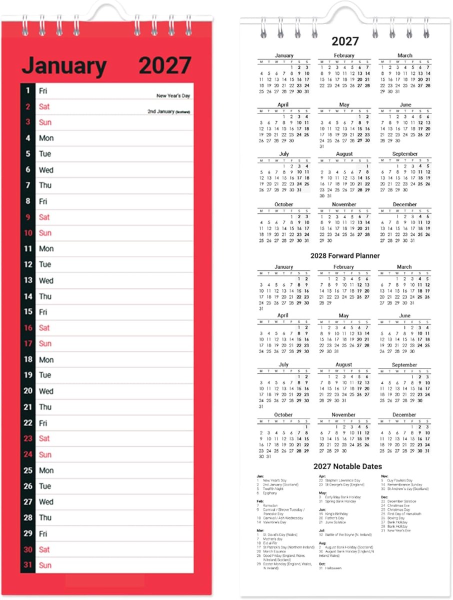SnelShoppen - 2024 Slim Maandplanner Spiral Bound Wand Bureau Organizer Kalender 50x11cm - Milieuvriendelijk Papier, 12 Maanden, Julian Datums en Fees
