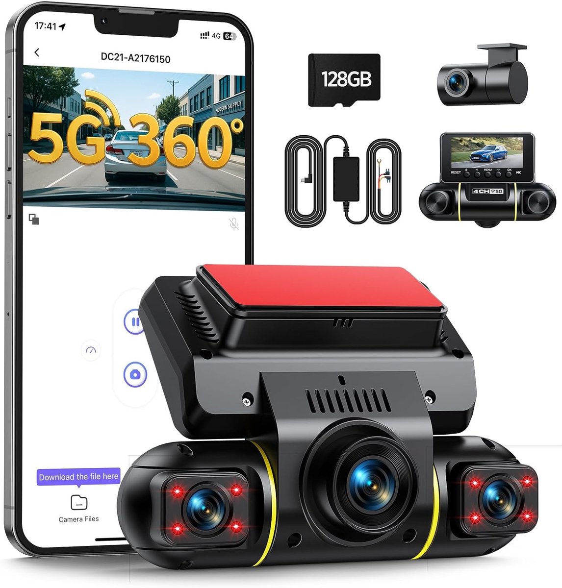SnelShoppen - 360 Graden Dash Cam 4 Kanaals met WiFi Voor Auto Achter APP-bediening Parkeerbewaking Nachtzicht Ingebouwde Camera Inclusief Bekabelings