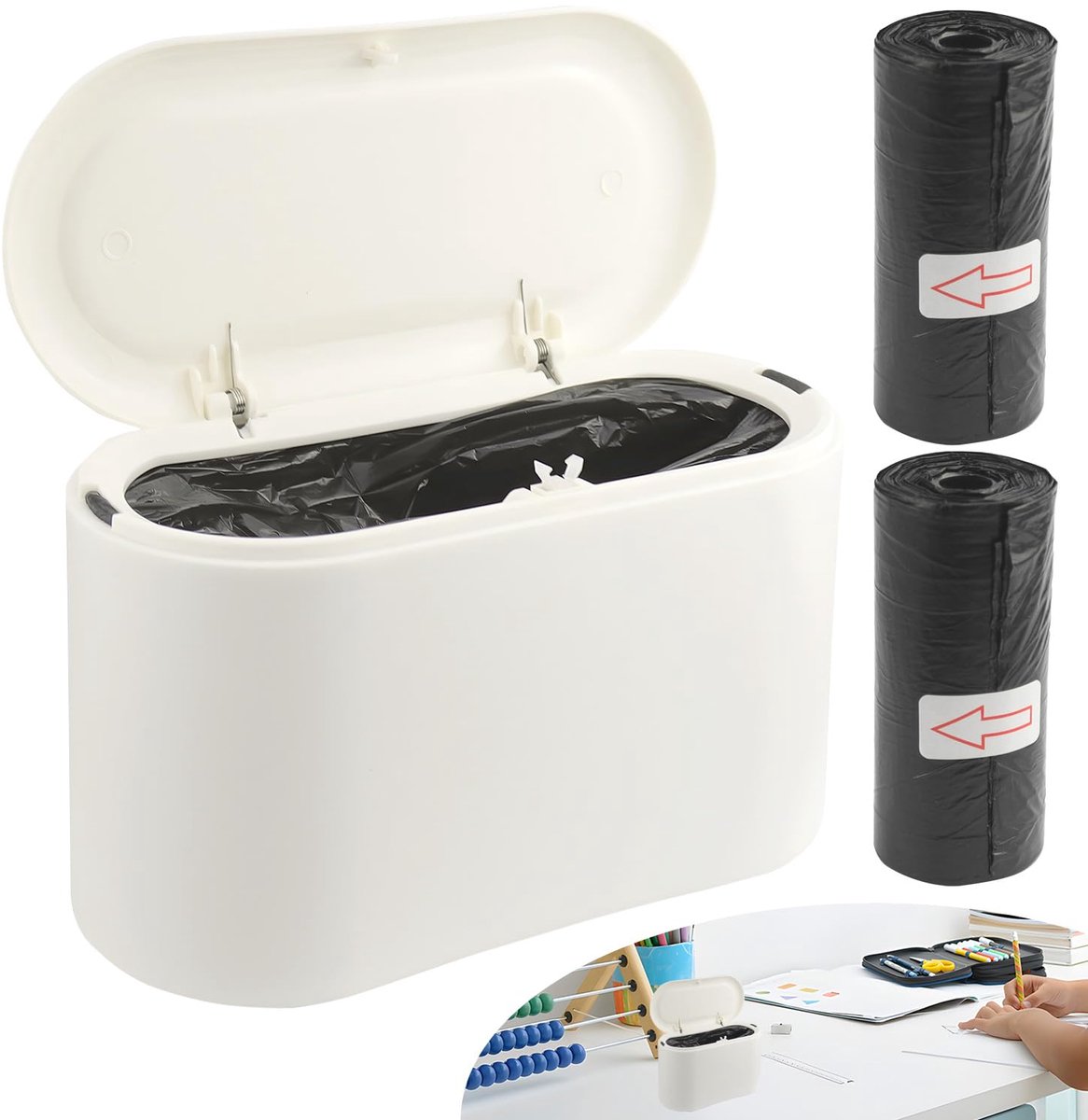 SnelShoppen - Tafelprullenbak met Deksel 2L Pop-up Mini Vuilnisbak voor Keuken Badkamer Bureau Toilet Auto - Inclusief 30 Rollen Vuilniszakken