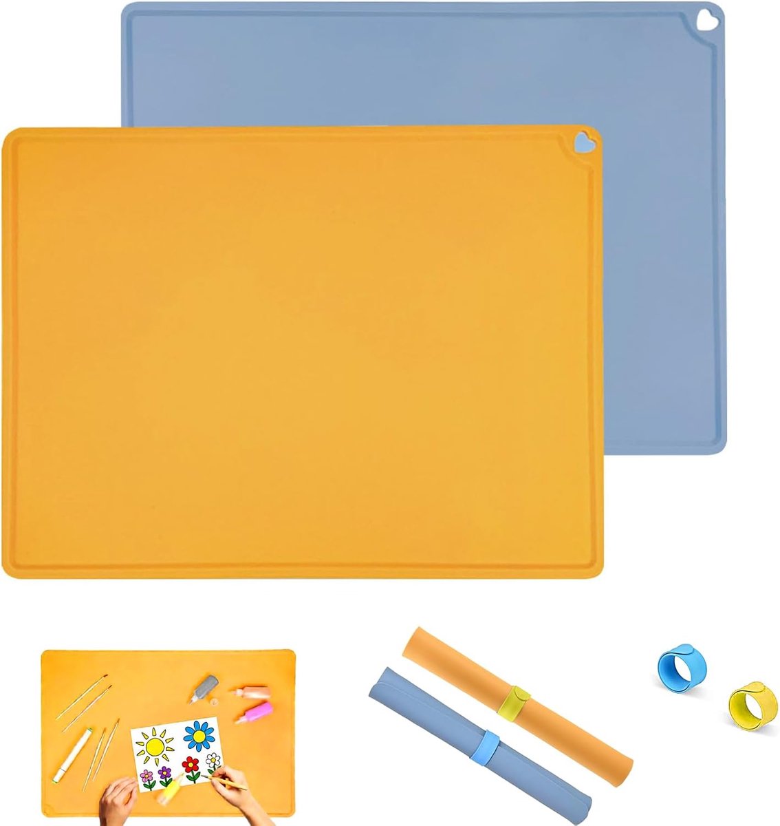 SnelShoppen - Siliconen Schilderonderlegger 2 Stuks 60x40 cm - Herbruikbare Knutselmat met Geheugenring - Geel & Blauw - Perfect voor Schilderen, Zand