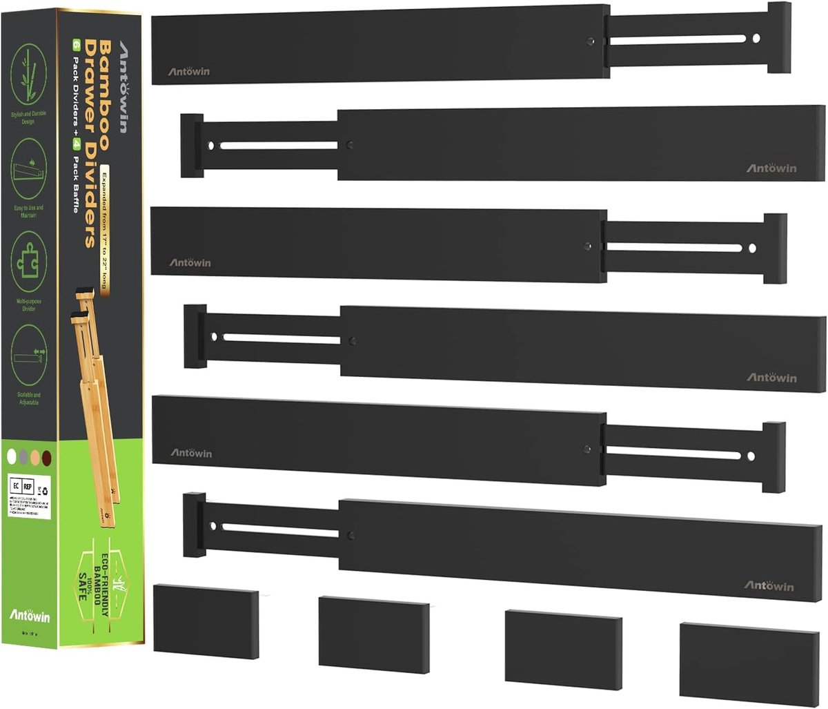 Thijox - 10 Stuks Verstelbare Bamboe Ladeverdelers - Lade-Organizer voor Keuken, Slaapkamer, Badkamer, Bureau - Geveerd, Zwart, Ideaal voor Babylade e
