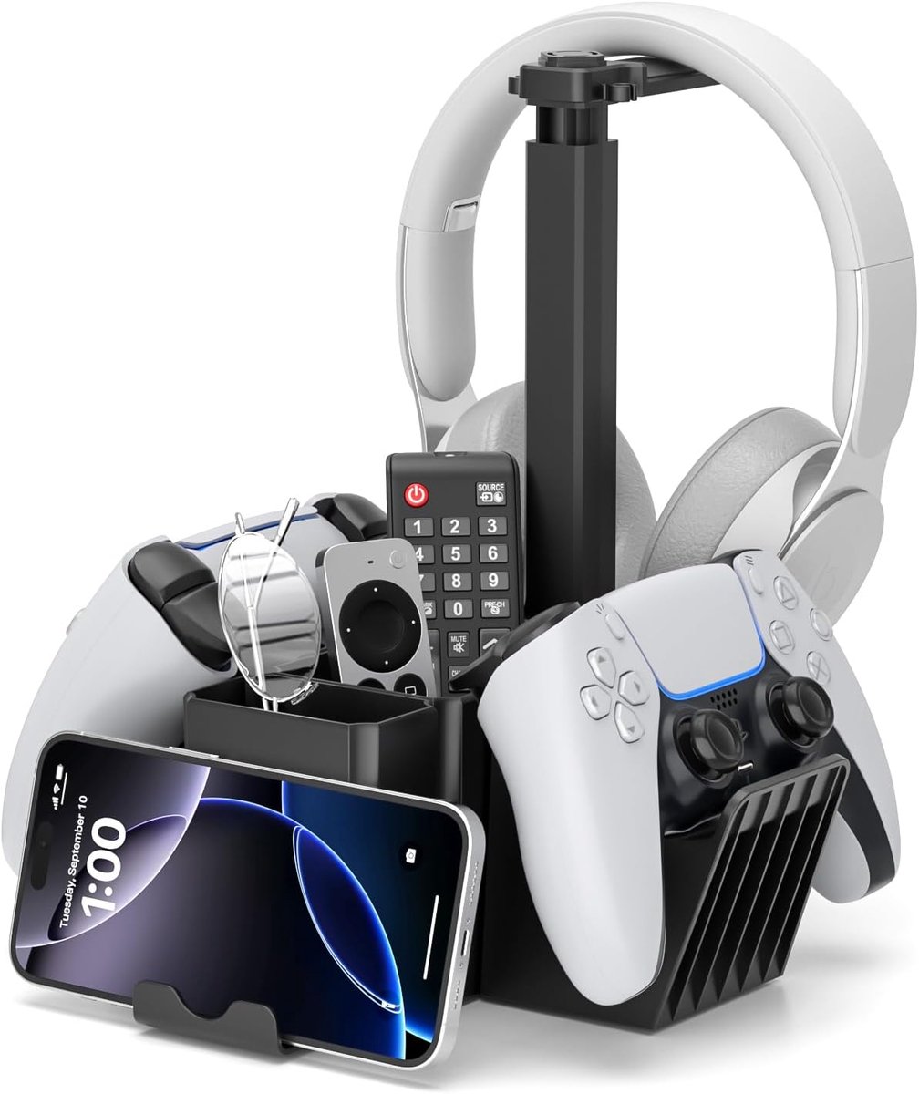 SnelShoppen - KDD Dual Controller Houder met Headset Stand - Universele Desk Organiser - Multifunctionele Gaming Organizer met Telefoonhouder - Zwart