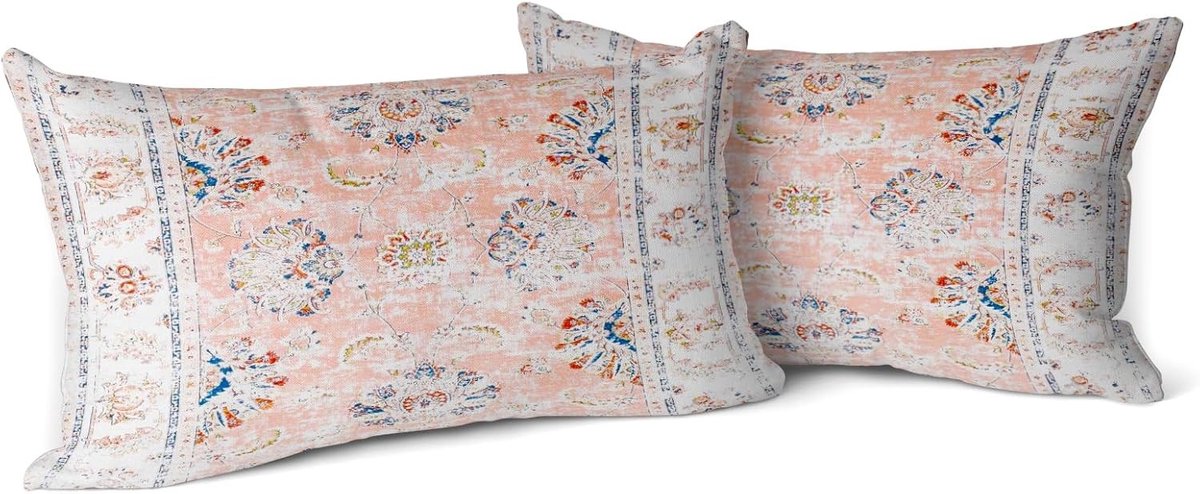 Set van 2 Decoratieve Bloemen Kussenslopen, 30 x 50 cm, Bohemian Vintage Stijl, Dubbelzijdige Print voor Woonkamer en Bankdecoratie met Roze Bloemen
