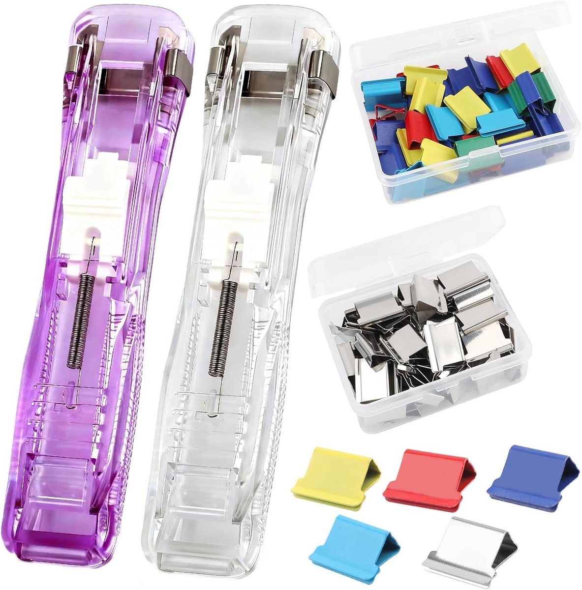 Herbruikbare handheld papier clam clip dispenser met 100 metalen navulclips, ideaal voor kantoor, school en thuisgebruik, handige tool voor documenten en organisatie