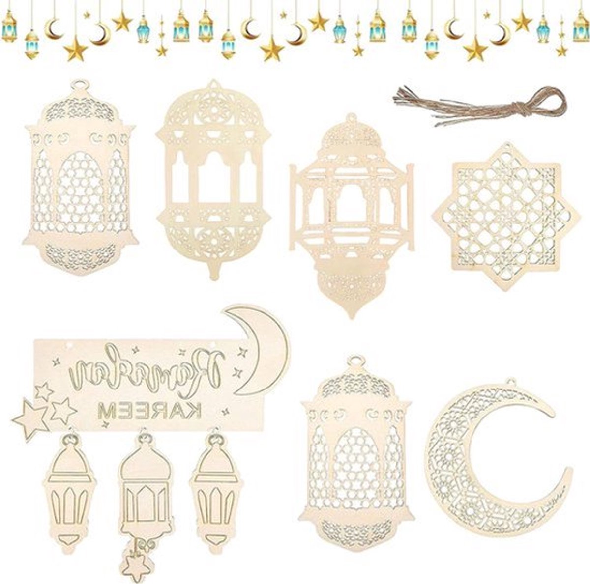 Houten Ramadan ornament hangers - 7 stuks decoratie doe-het-zelf Eid Mubarak hanger maan en ster ornament houten hanger voor feestdecoraties