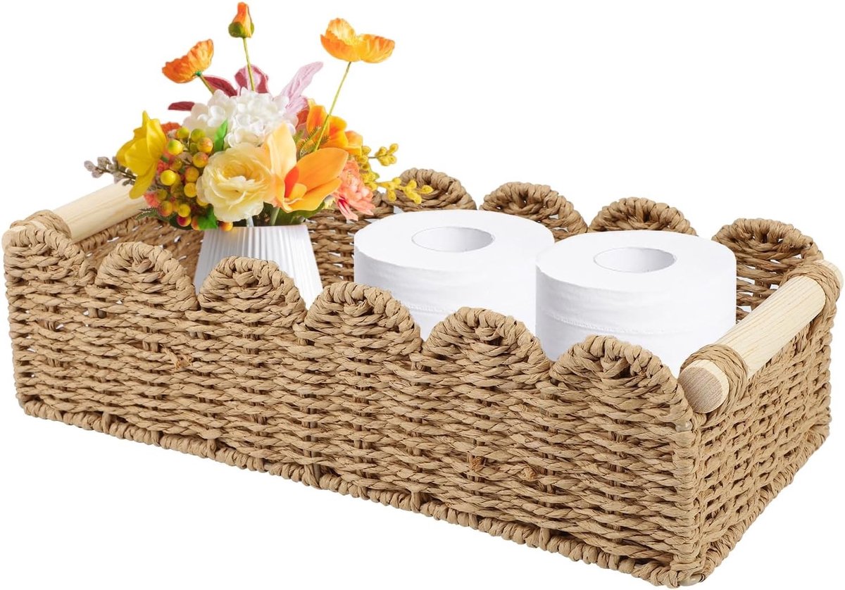 Multifunctionele Wicker Opbergmand met Handvatten voor Badkamer, Keuken en Toiletpapier - 34,5 x 16 x 10 cm, Ideaal voor Organisatie en Decoratie