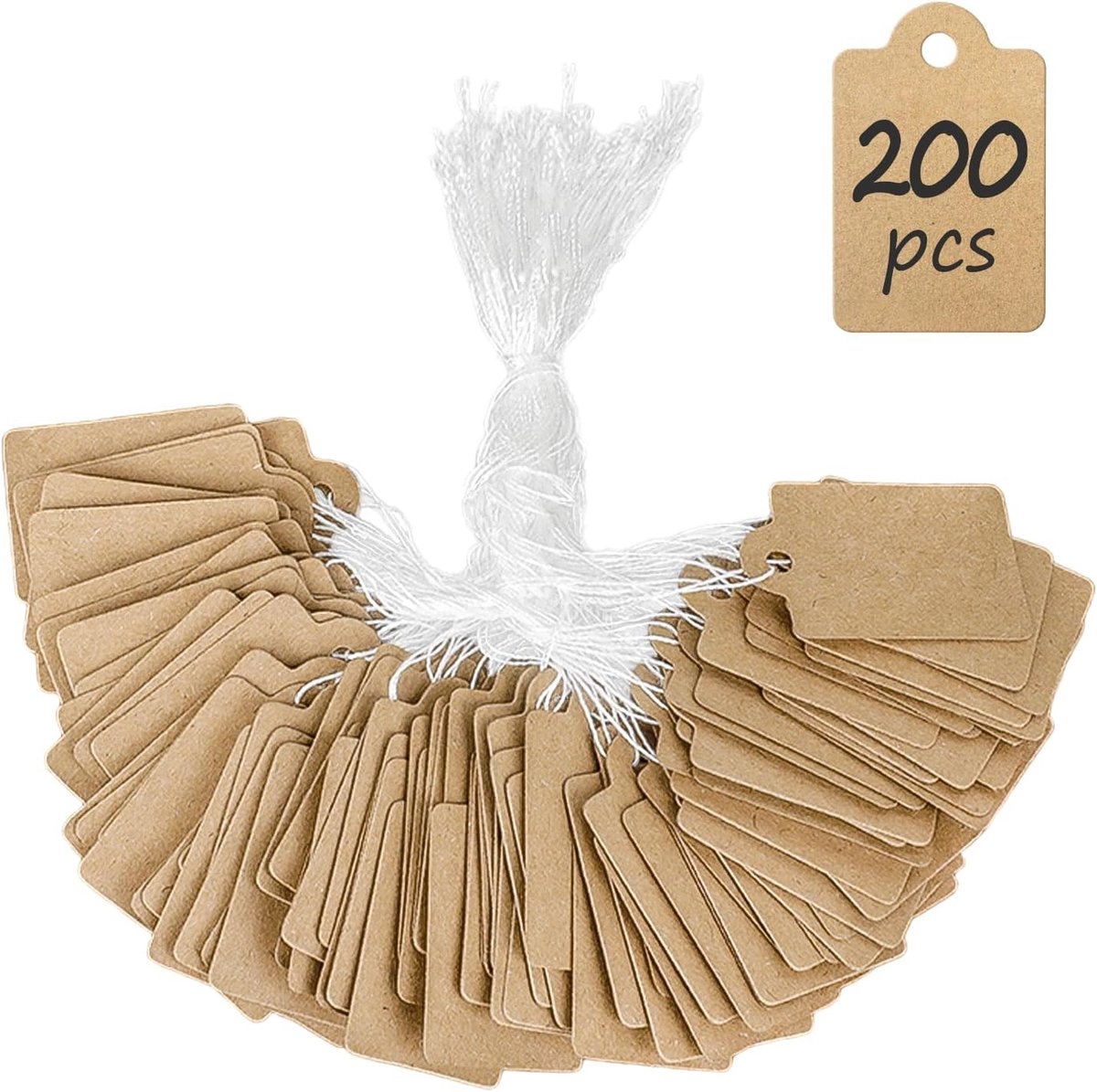 Pack van 200 Kraft Prijslabels 2.5 cm, Schrijfbare Hangtags voor Kleding, Sieraden en Cadeaus, Lege Prijsetiketten met Touwtjes, 3.5 x 2.2 cm