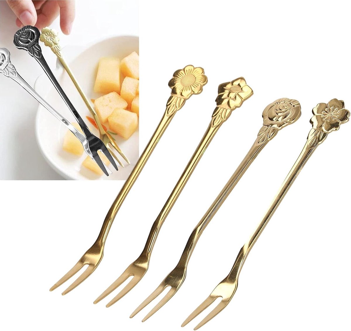 Set van 4 RVS Mini Fruits Forks voor Salades en Cocktails, Perfect voor Feestjes en Aperitief Snacks, Gouden Afwerking