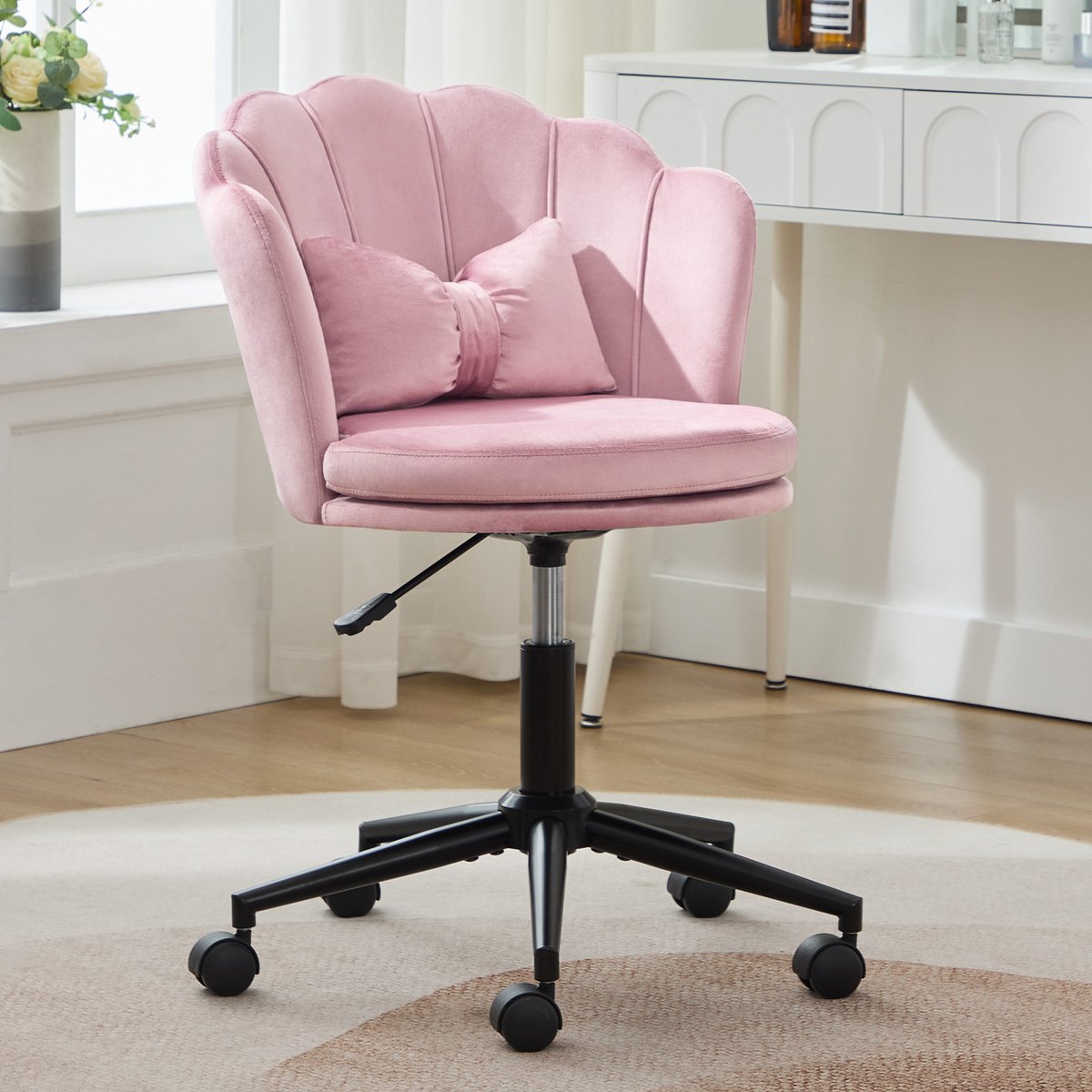 MODENUIT Bureaustoel 55 x 62 x 73-83 cm - Verstelbare Hoogte En Draaibaar Met Wielen - Fluweel Roze
