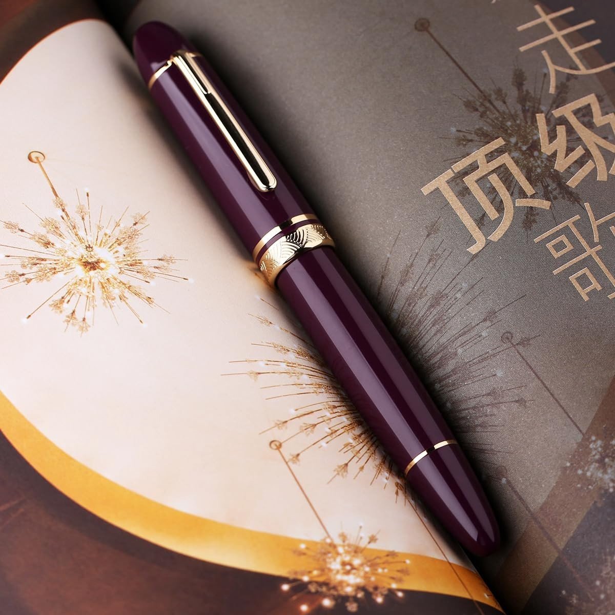Prachtige paarse vulpen met medium nib, groot capaciteit, messing zuigersysteem en luxe verpakking