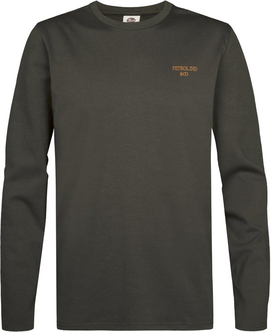 Donkergroen T-shirt met lange mouwen en oranje borstopdruk "PETROL IND &CO".