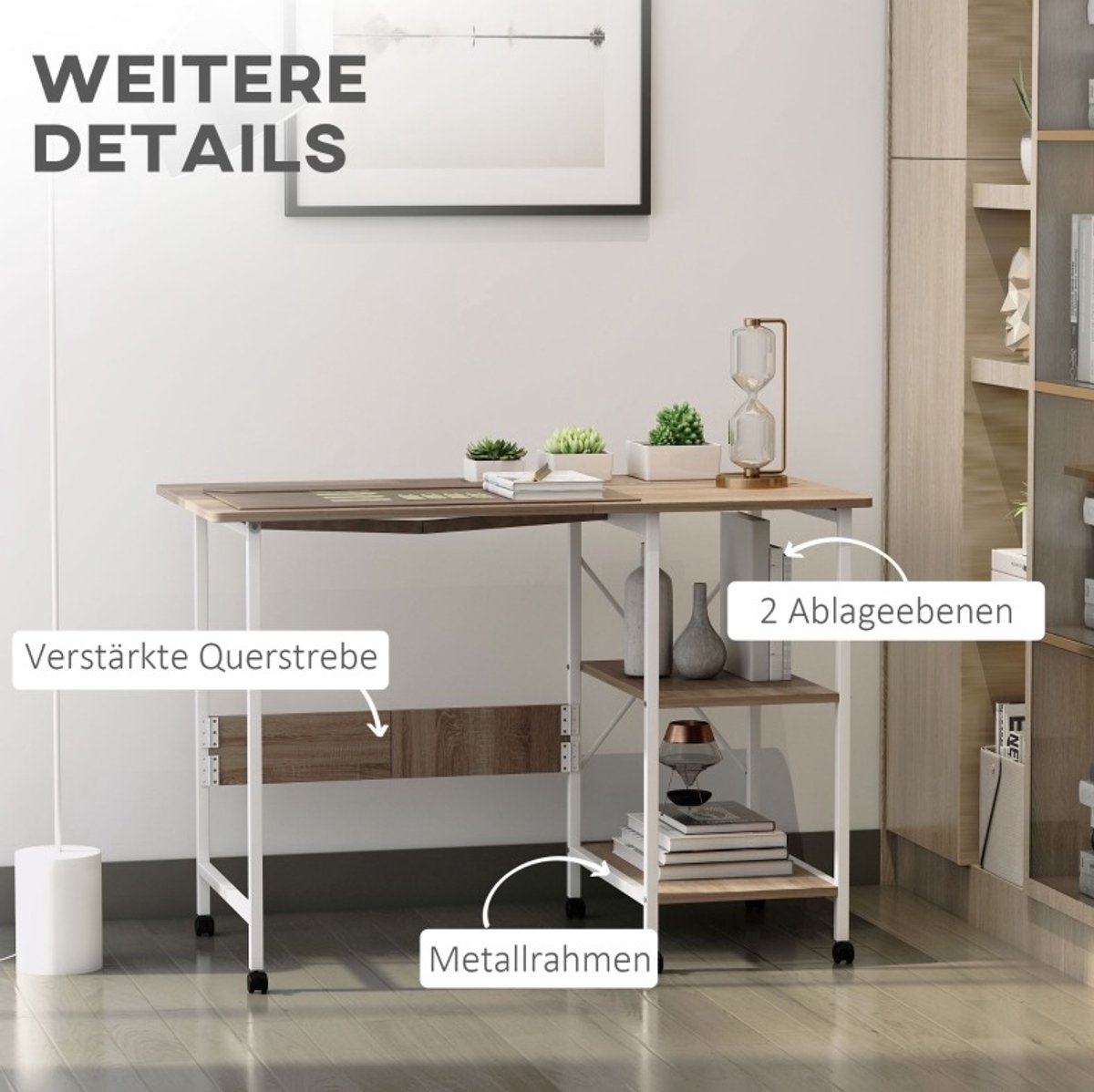 STILVORA Bureau - Opvouwbaar Bureau Met Wielen En 2 Open Vakken - Ruimtebesparend Voor Kantoor En Slaapkamer - MDF En Metaal - Wit