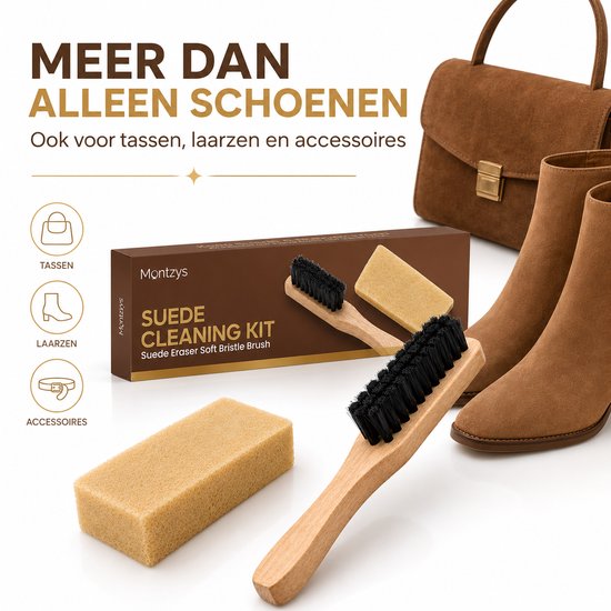 Montzys suède schoonmaakset ook voor tassen, laarzen en accessoires. Met schoenen, laarzen en tas.