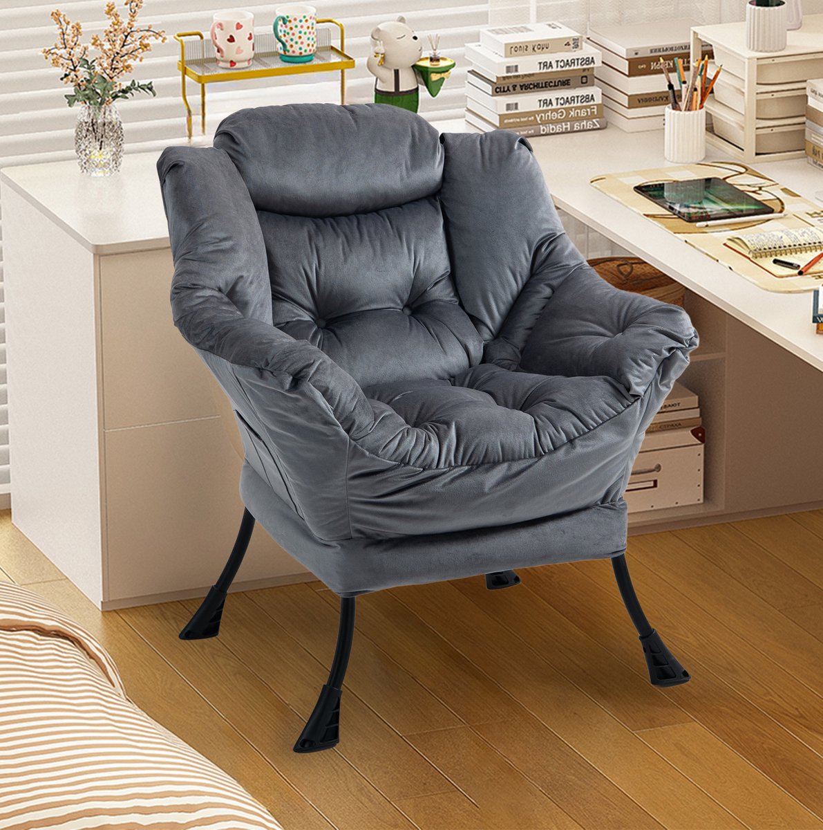 FloraGrace Fauteuil - Relaxfauteuil Met Zijvak En Metalen Frame - Comfortabele Zitstoel Voor Woonkamer Balkon En Terras - Velvet - Donkergrijs