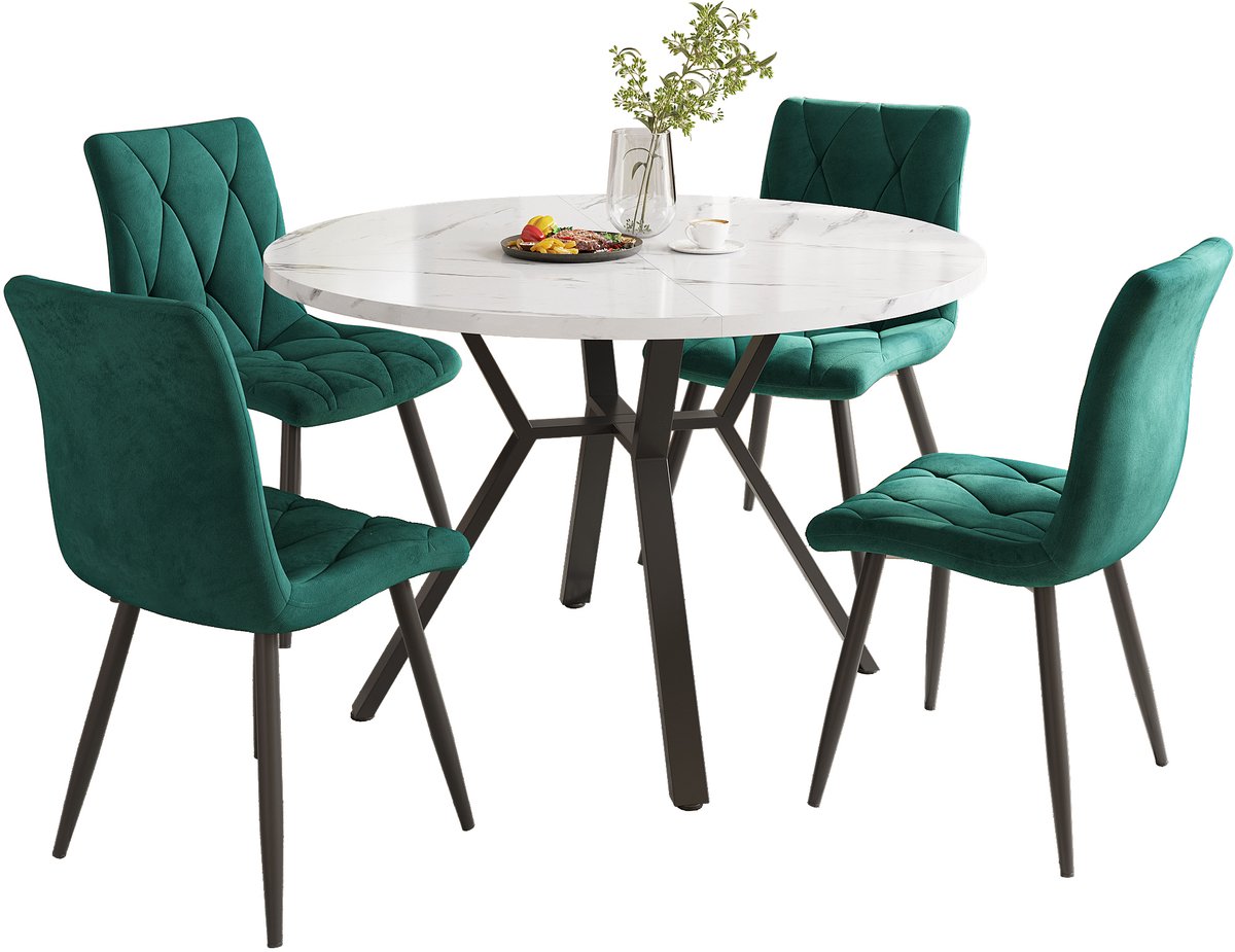 DESMIU Set Tafel En Stoelen 100 Cm - Ronde Eettafel Met 4 Ergonomische Stoelen - Voor Eetkamer En Woonruimte - Metaal Groen