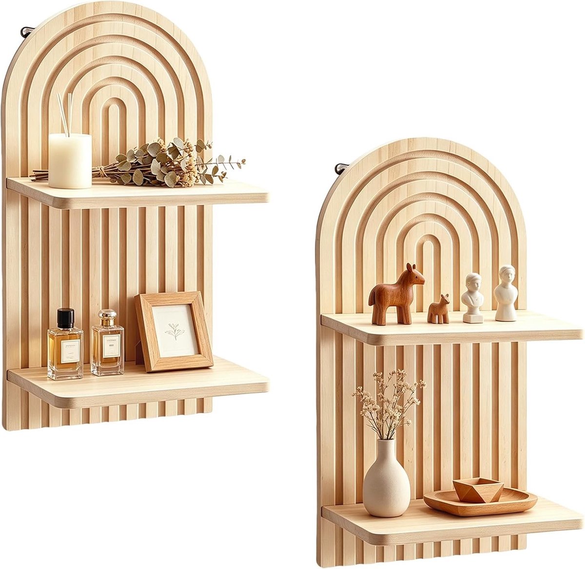 Dubbele laag boho plank muurdecoratie van natuurlijk hout - Handgemaakte wandplanken met boogontwerp voor badkamer, woonkamer en sfeervolle thuisdecoratie - 2 stuks