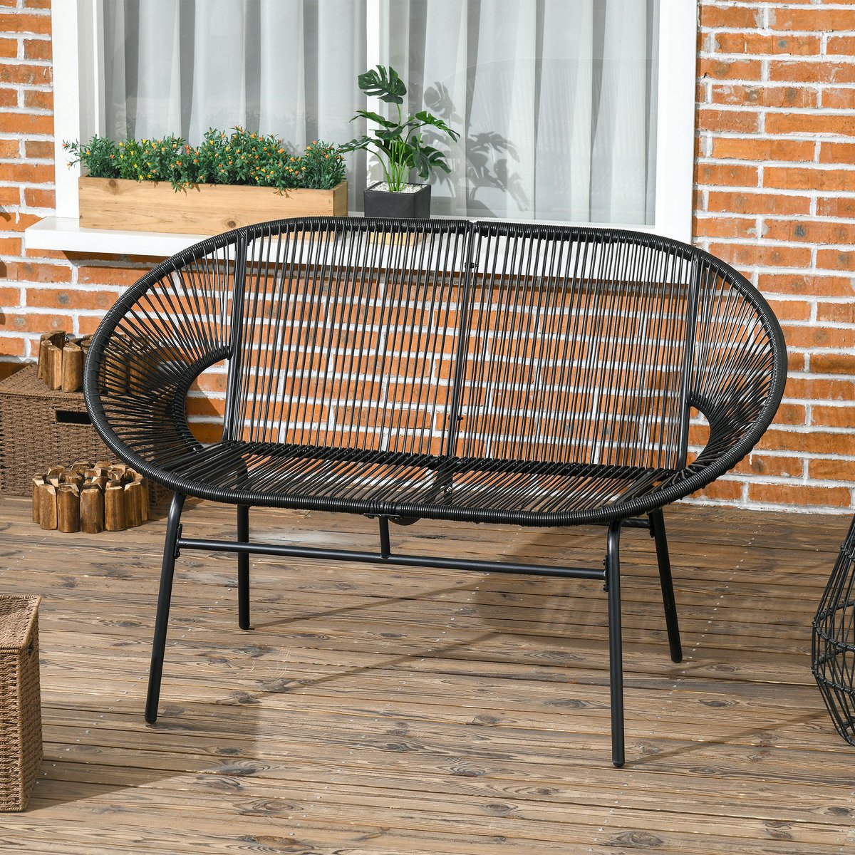 HAUSS SPOLE Tuinbank - 2-Zits Balkonbank - Comfort Met Hoge Rugleuning En Gebogen Armleuningen - Voor Balkon En Terras - Zwart PE-Rattan