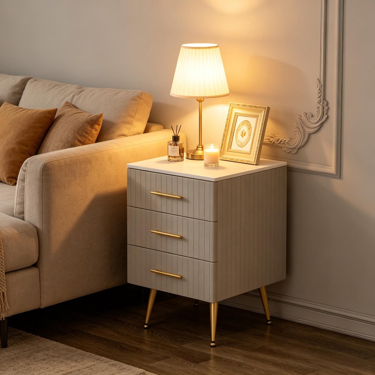 MODFU - Bedtafel - Modern - Marmerlook - Grijs - 3 Lades