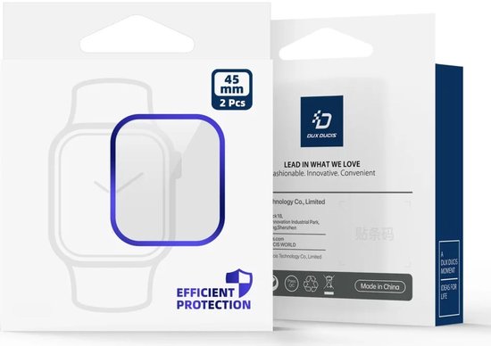 De verpakking van een 2-pack Dux Ducis screenprotectors voor een 45mm Apple Watch. De verpakking is wit met blauwe accenten.