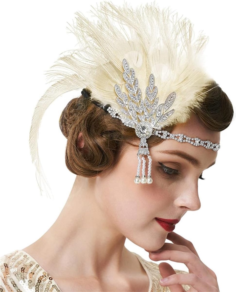 Elegante Veren Haarband met Strass voor Flapper Kostuumaccessoires uit de Jaren '20 - Perfect voor Feestjes en Thema-evenementen (Witte Pauwenveren, One Size)