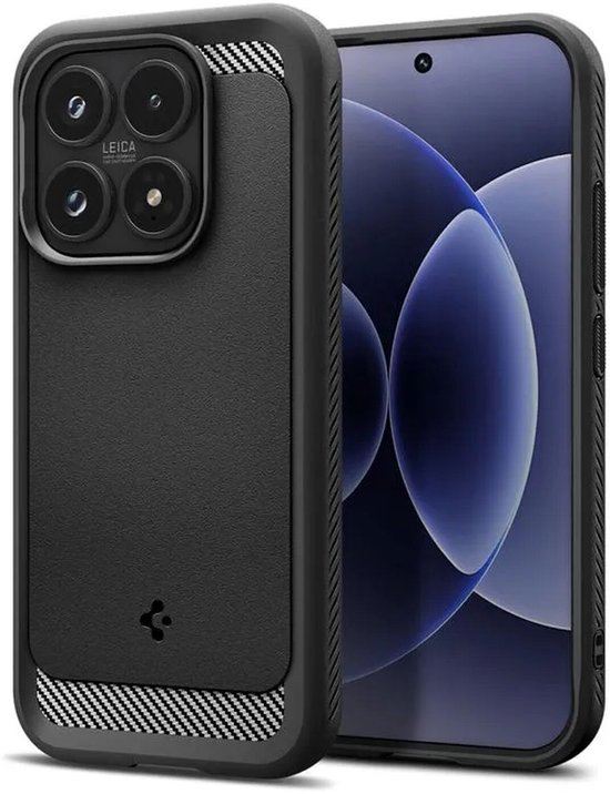 Zwarte Spigen Rugged Armor case met carbon fiber textuur en zilverkleurige accenten, gepresenteerd op een smartphone.