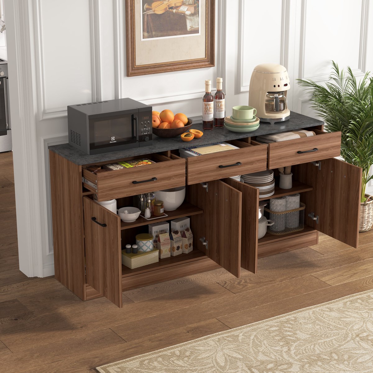 MODFU - Keukenkast - Sideboard - 3 Lades - Verstelbare Planken - Walnoot - Betonlook